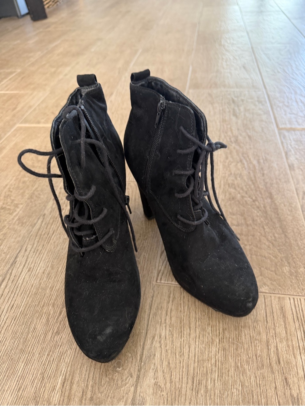Black Lace-Up Suede Ankle Booties - Women